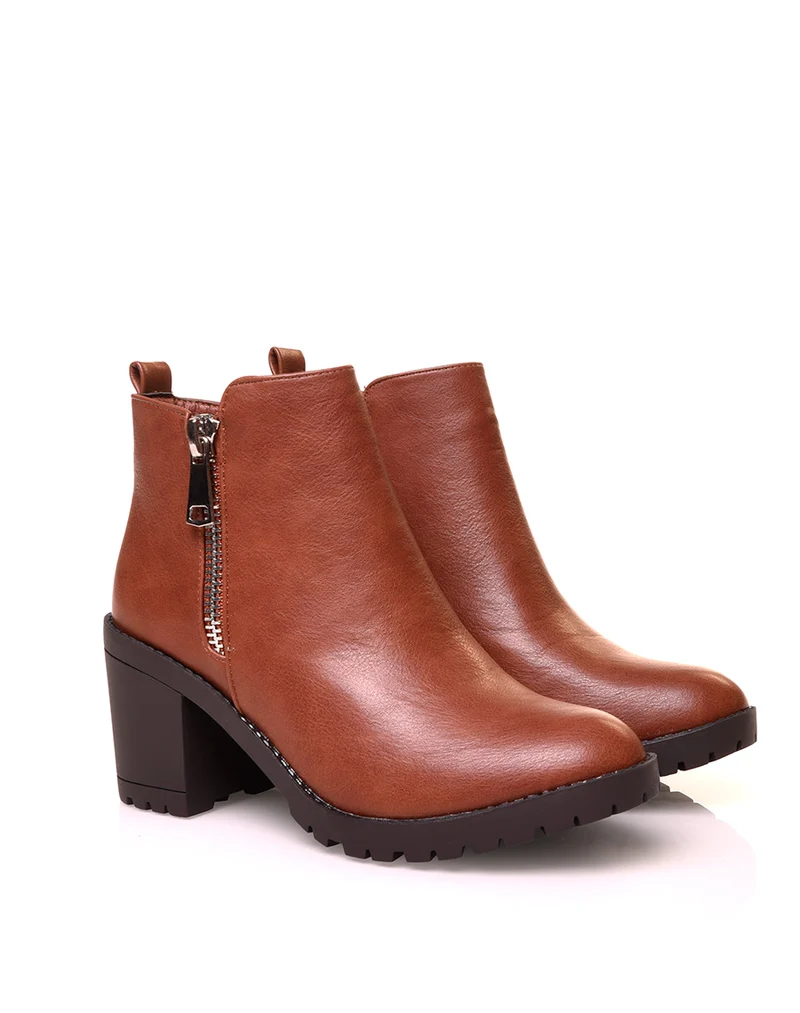 Bottine à talon camel à double zip