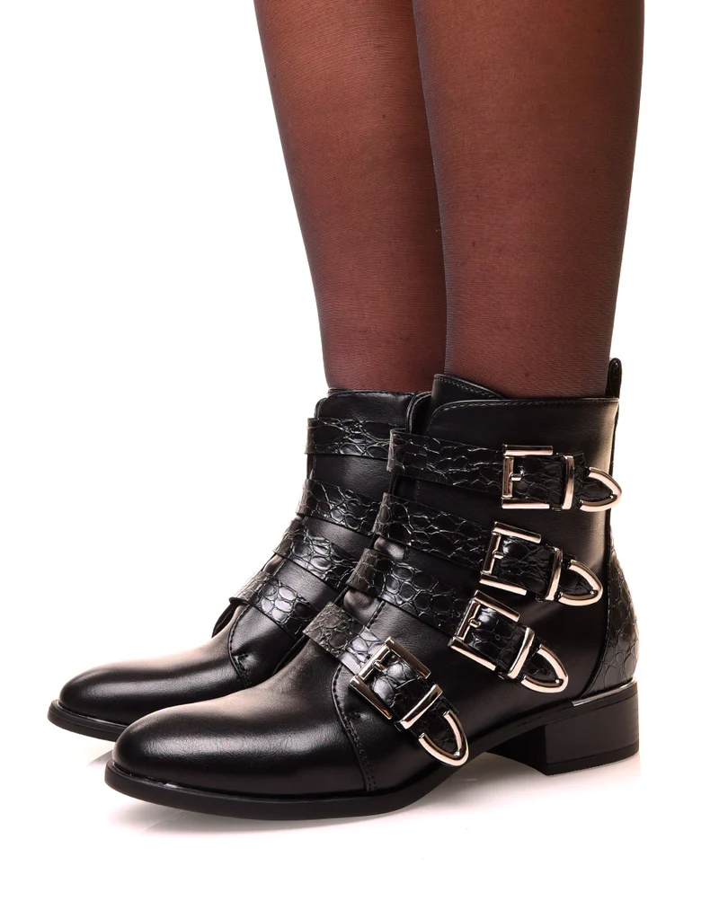 Bottines noires à multiples brides effet croco