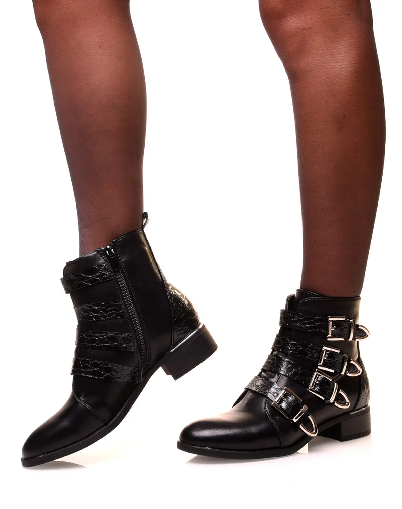 Bottines noires à multiples brides effet croco