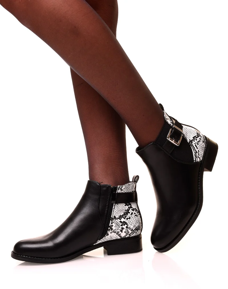 Bottines noires bi-matières effet python