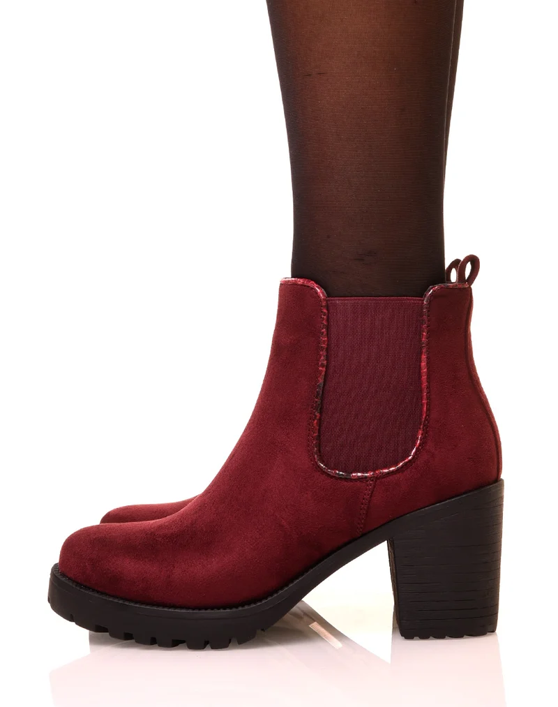 Bottines bordeaux en suédine à petit talon