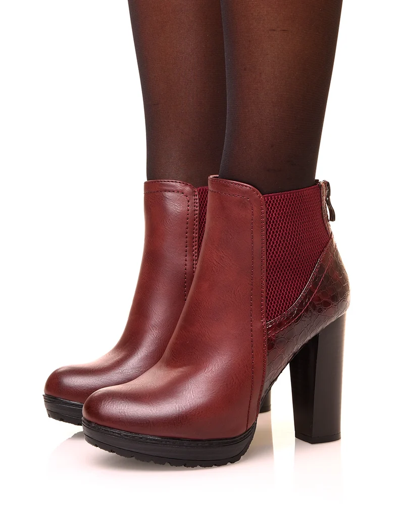 Bottines bordeaux à talons haut effet croco