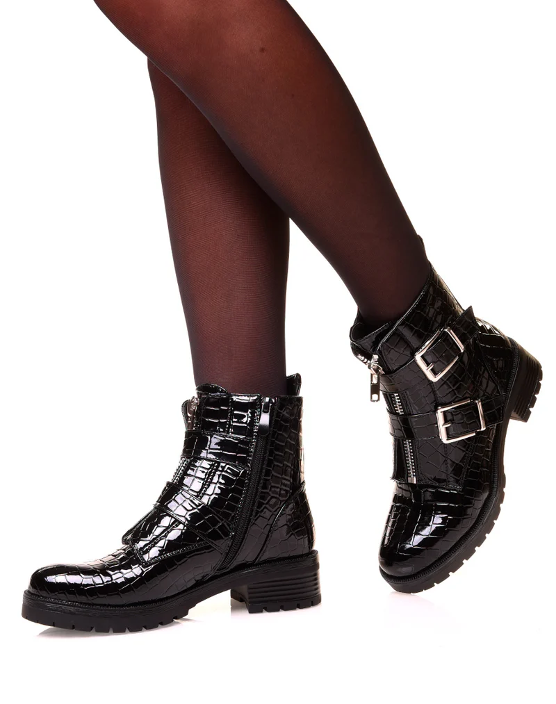 Boots noirs effet croco vernis à sangles