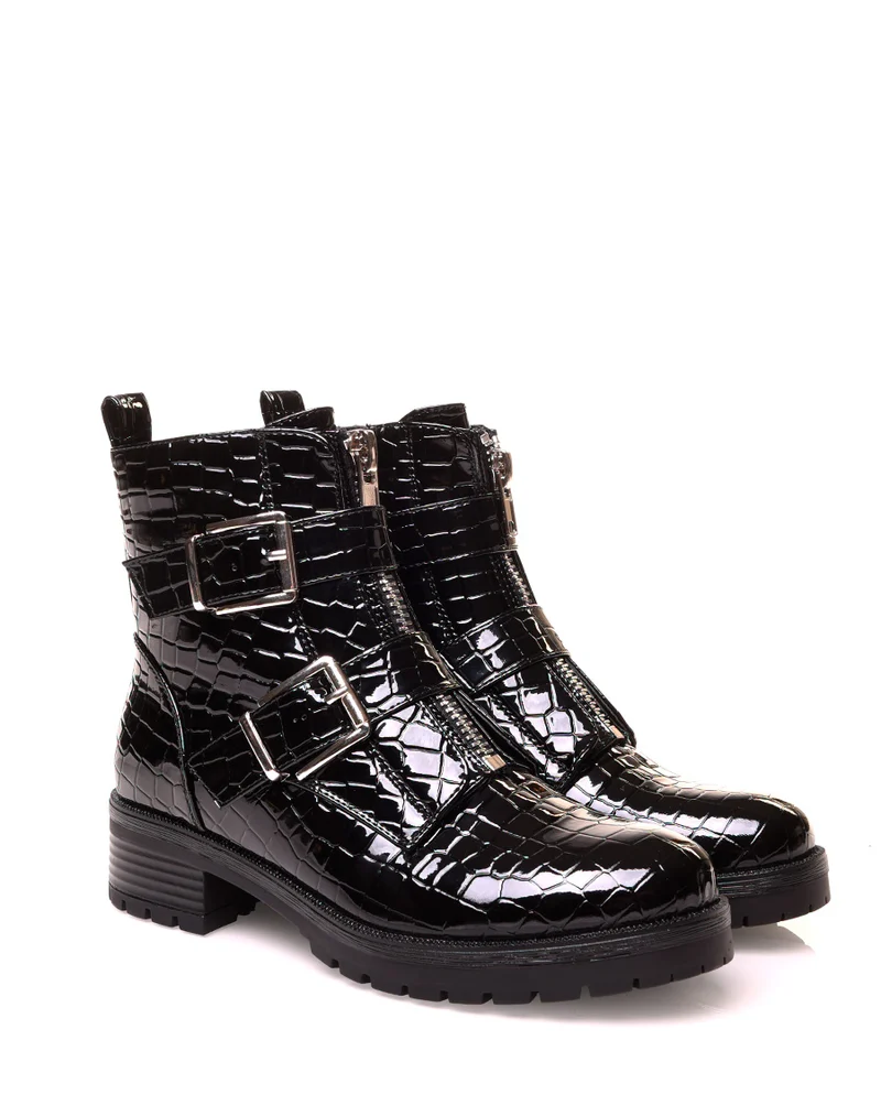 Boots noirs effet croco vernis à sangles