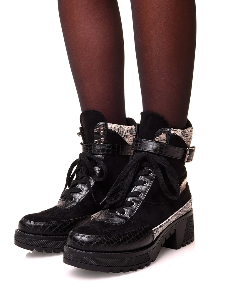 Bottines noires multi-matières à talon épais