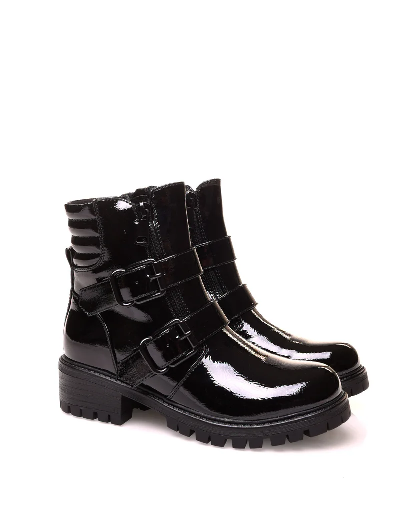 Boots plate noire vernis à multiple sangle