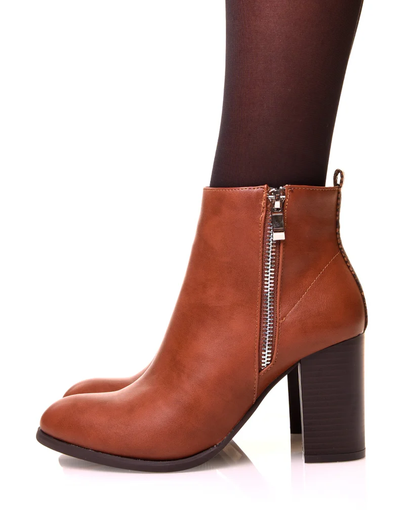 Bottines à talon camel bi matière effet python