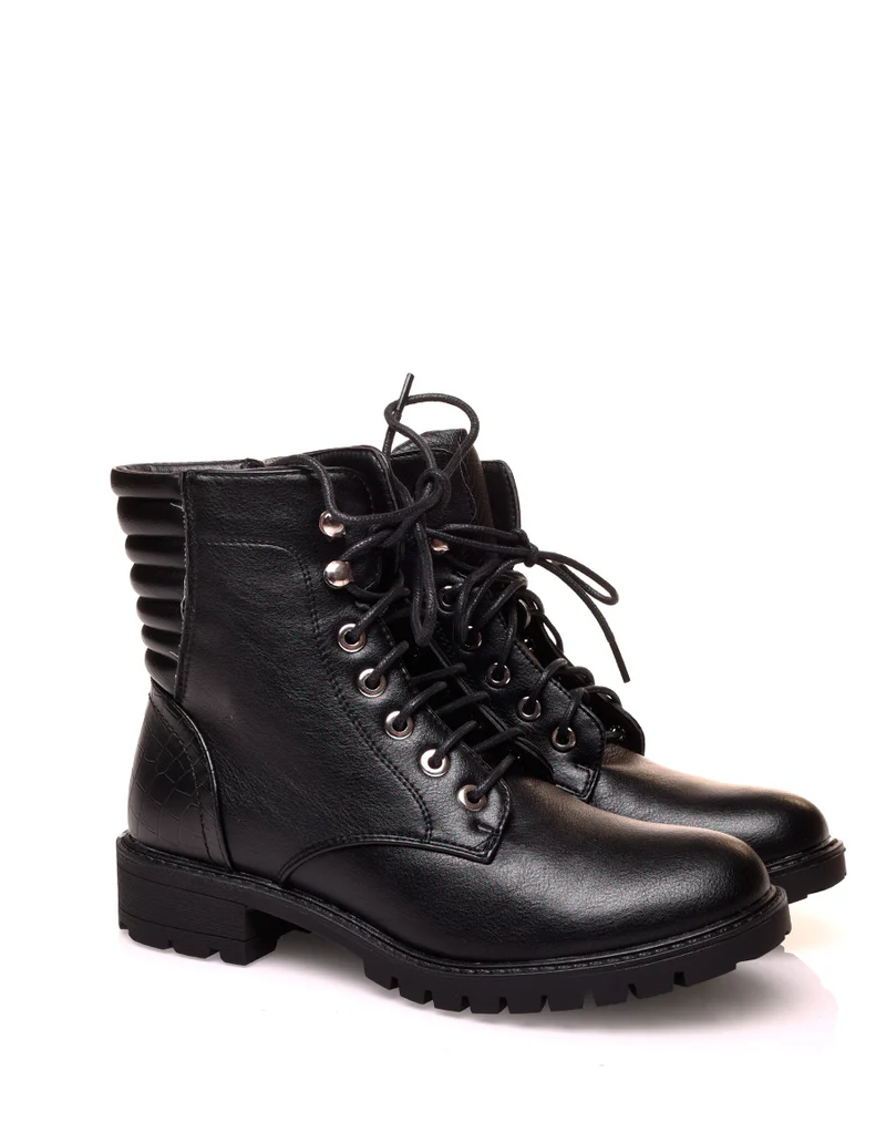 Boots bi-matière noirs effets croco à lacets