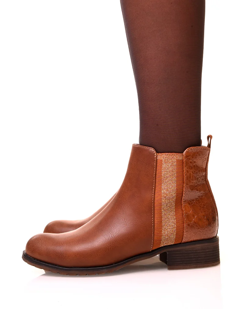 Bottines camel bi-matières effet croco