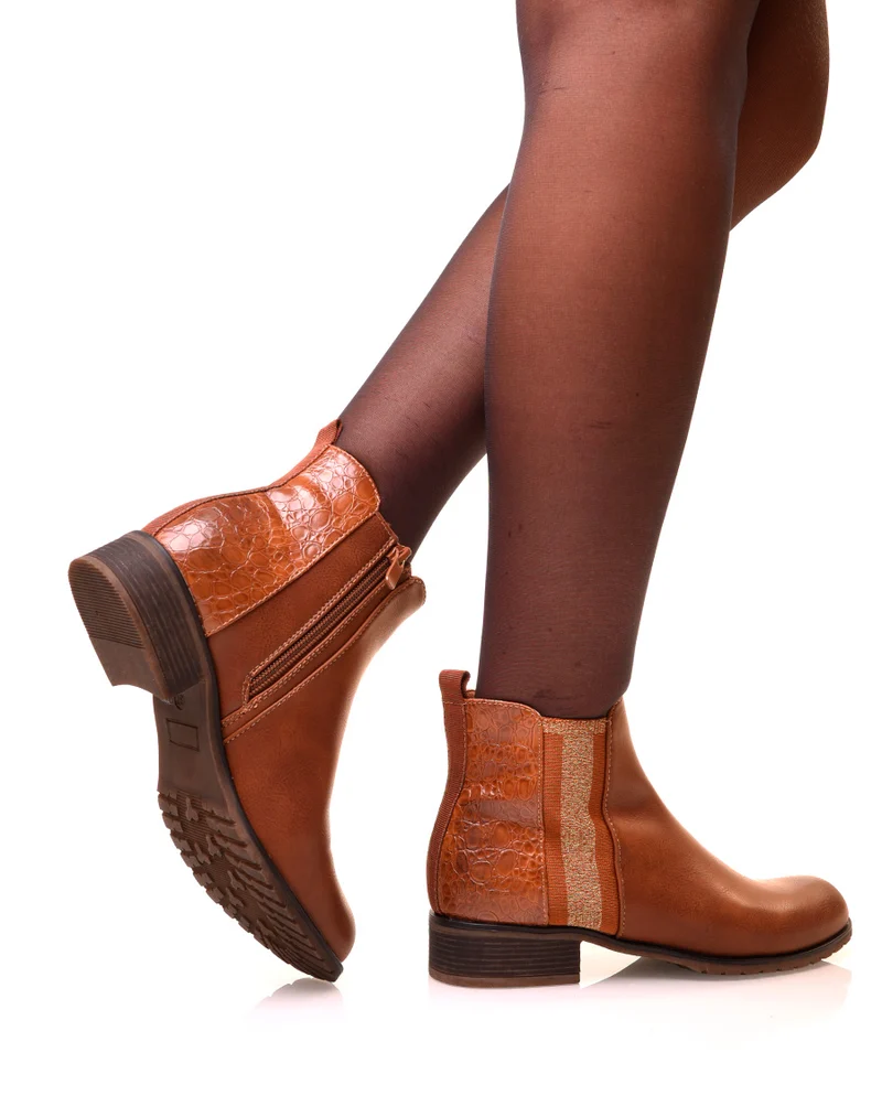 Bottines camel bi-matières effet croco