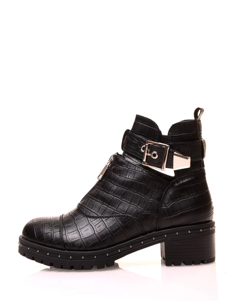 Bottines noires effet croco ajourées à sangle