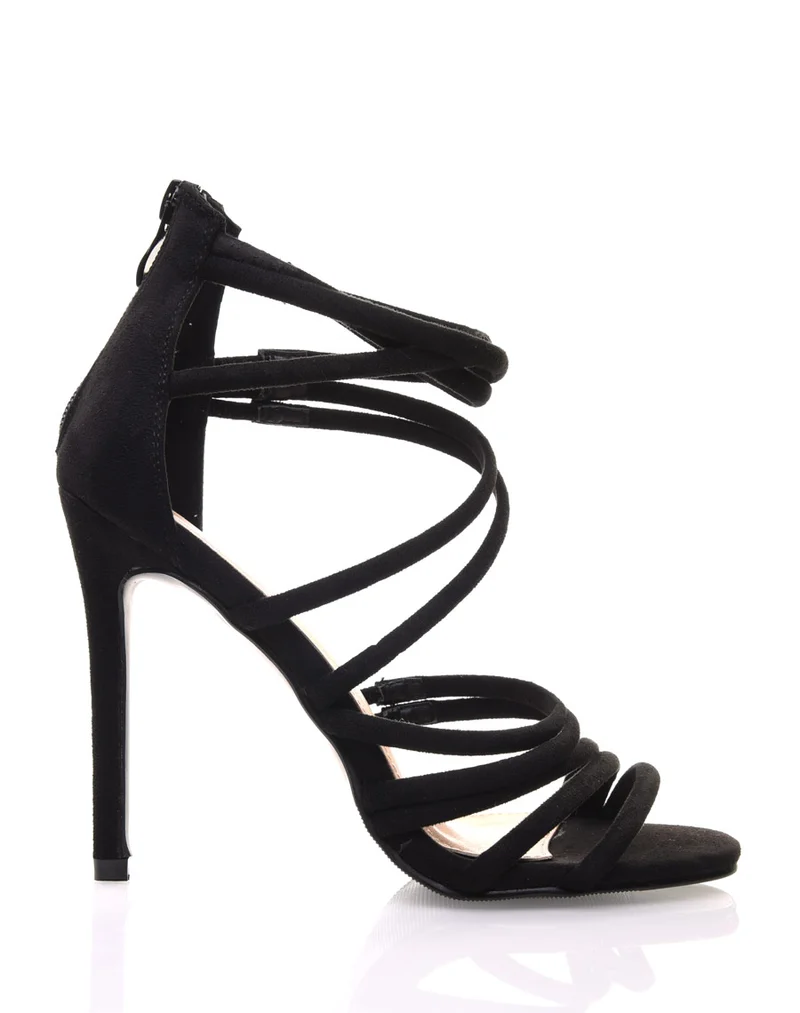 Sandales noires multiples lanières en suédine à talons aiguilles