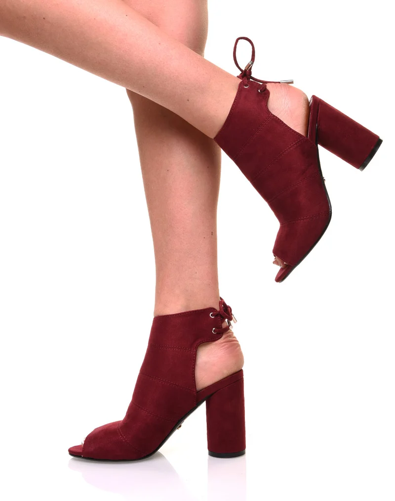 Sandales bordeaux en suédine à talons ronds