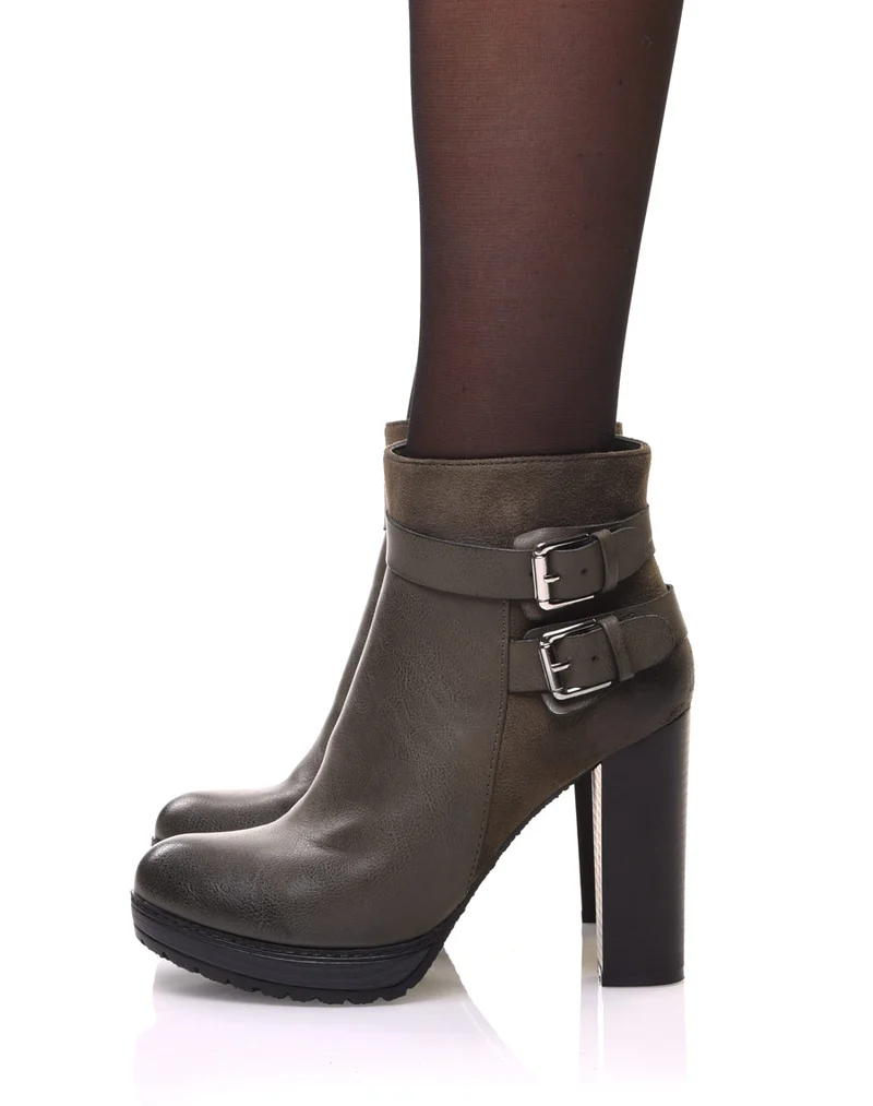 Bottines vertes à talons bi-matières