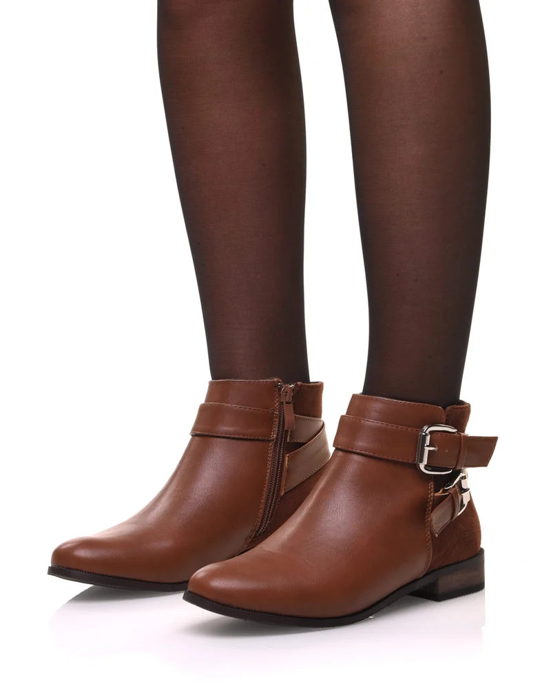Bottines camel plates lanières à sangles décoratives
