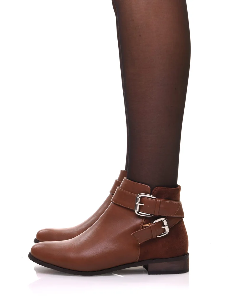 Bottines camel plates lanières à sangles décoratives