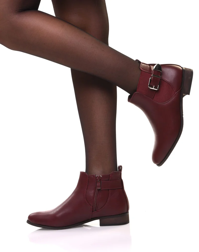 Bottines bordeaux plates lanière et élastique décoratifs