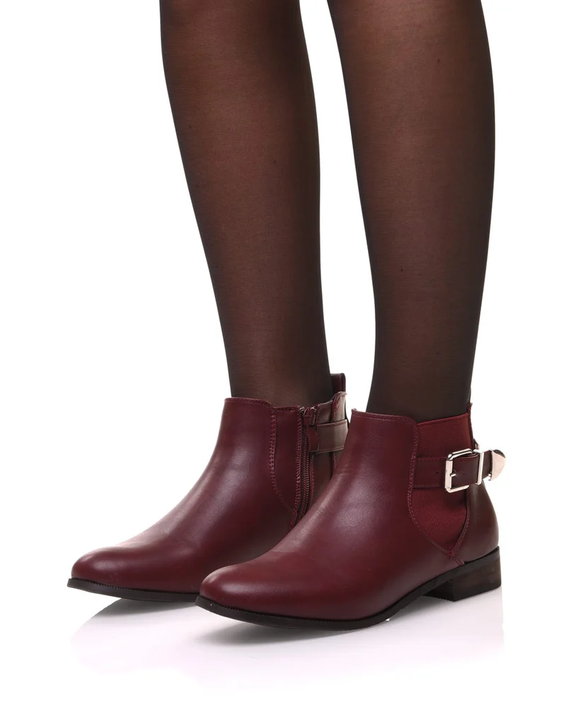 Bottines bordeaux plates lanière et élastique décoratifs