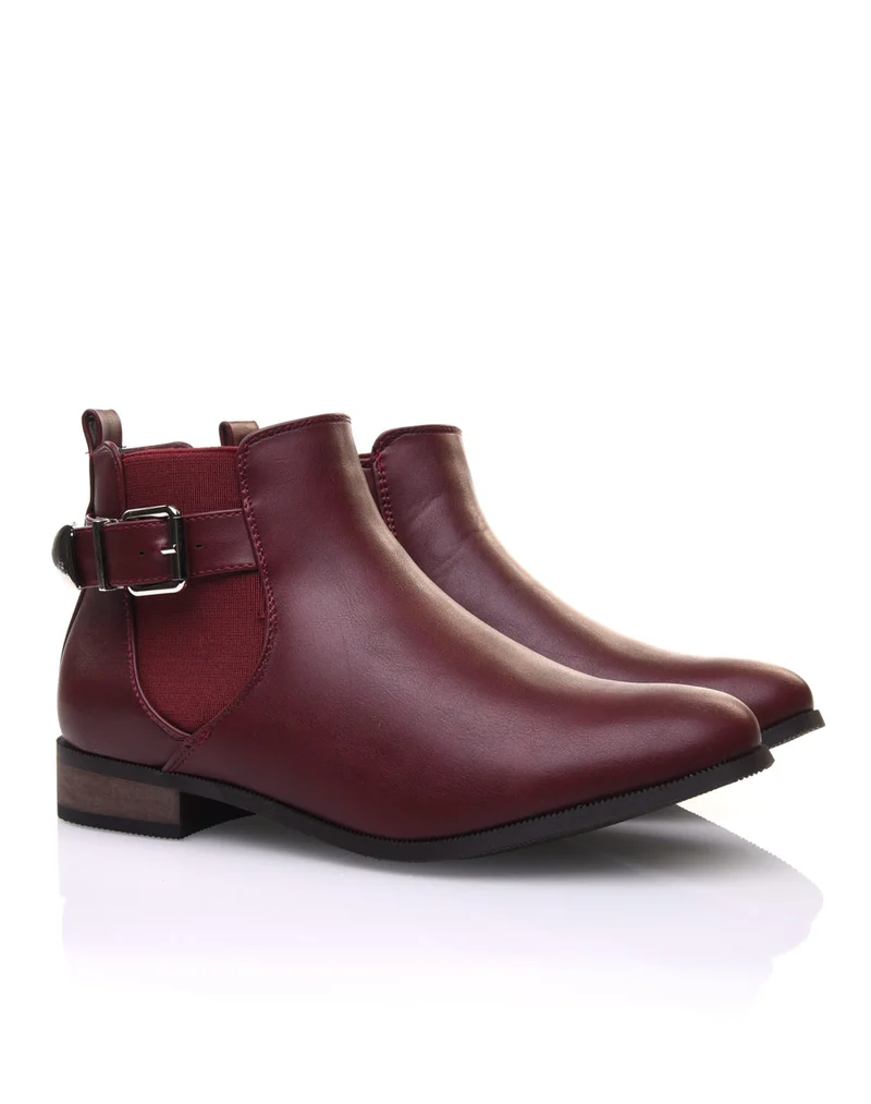 Bottines bordeaux plates lanière et élastique décoratifs