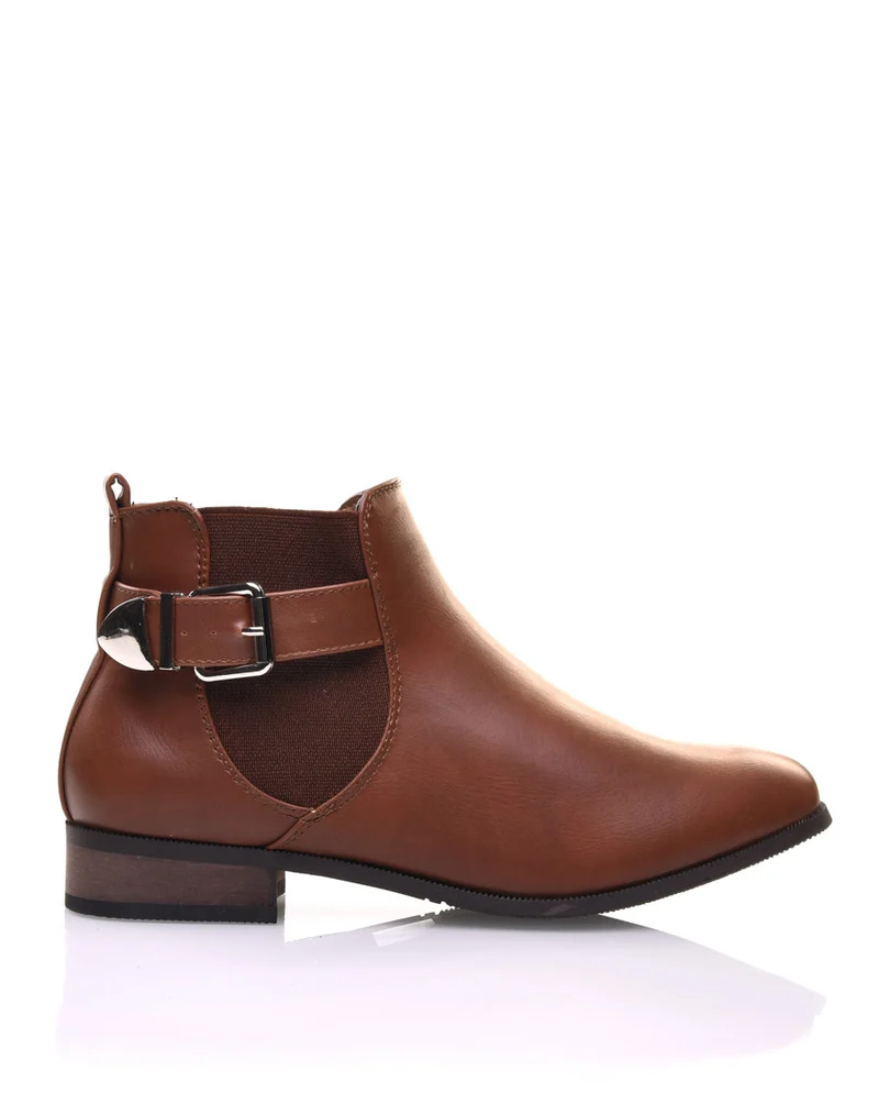 Bottines camel plates lanière et élastique décoratifs
