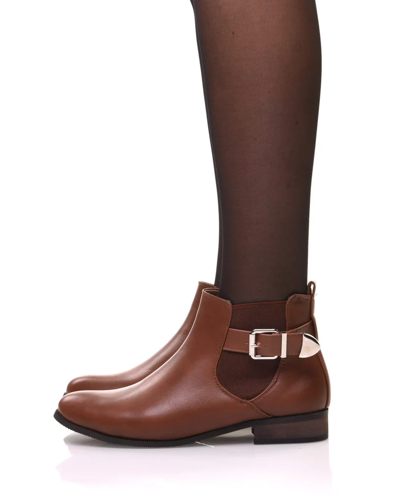Bottines camel plates lanière et élastique décoratifs