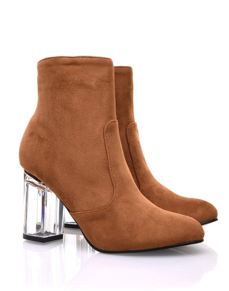 Bottines camel suédine à talons transparents