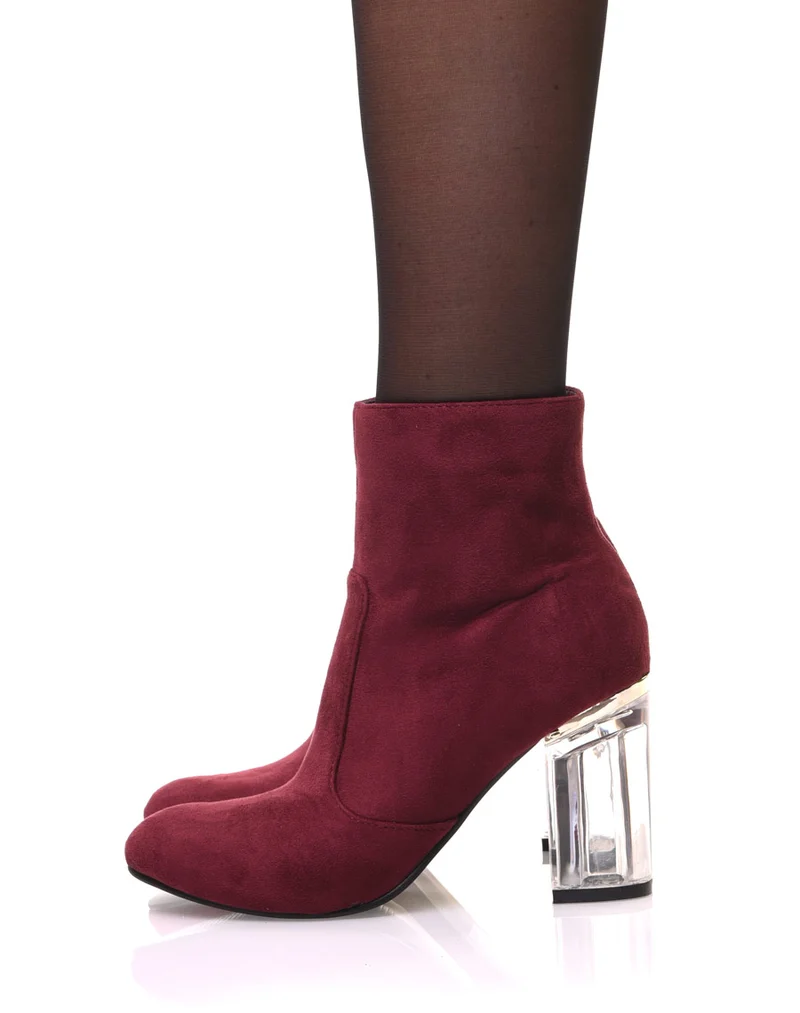 Bottines bordeaux suédine à talons transparents