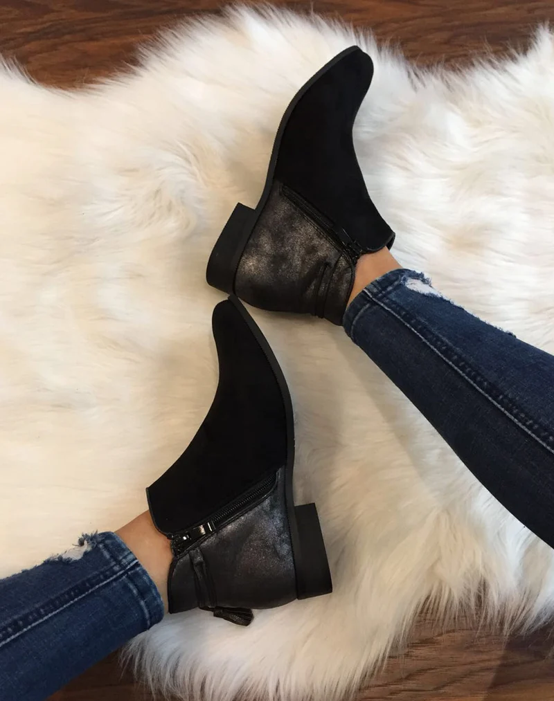 Bottines noires plates empiècement métallisé