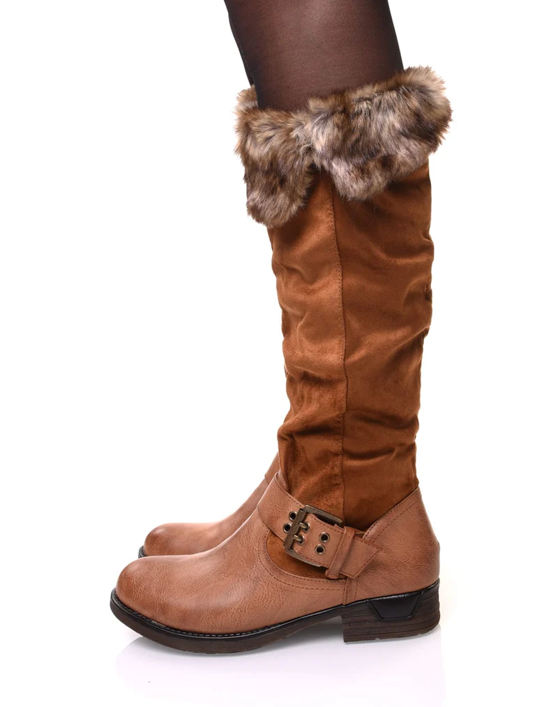Bottes camel bi matières fourrées