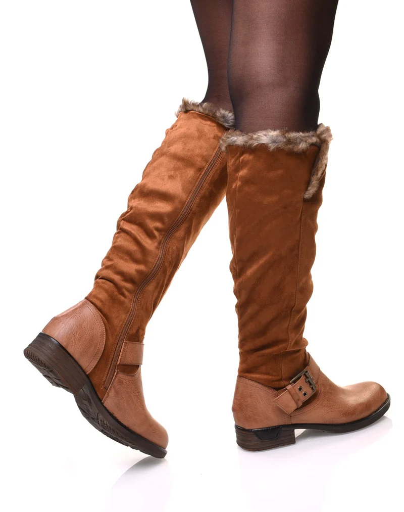 Bottes camel bi matières fourrées