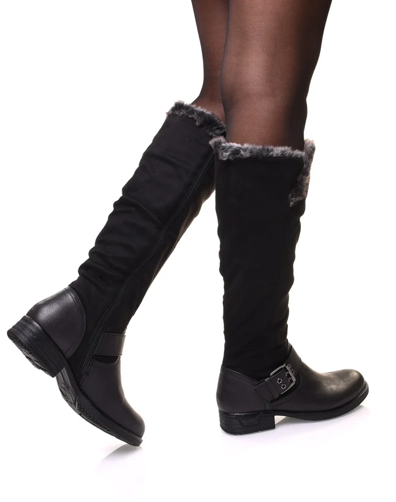 Bottes noires bi matières fourrées