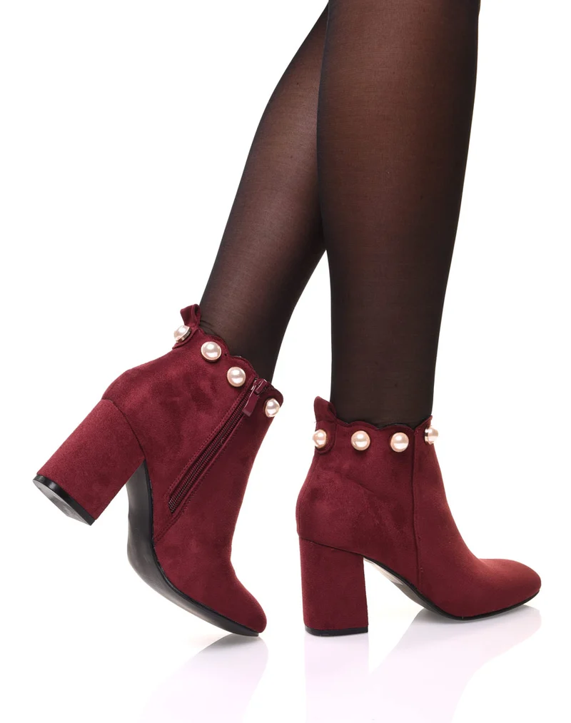 Bottines bordeaux bordées de perles