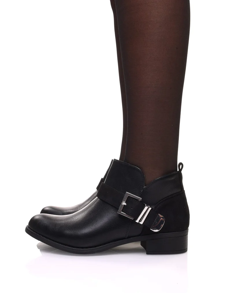 Bottines plates noires empiècements suédines