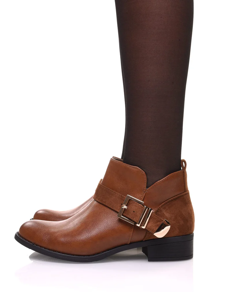 Bottines plates camel empiècements suédines