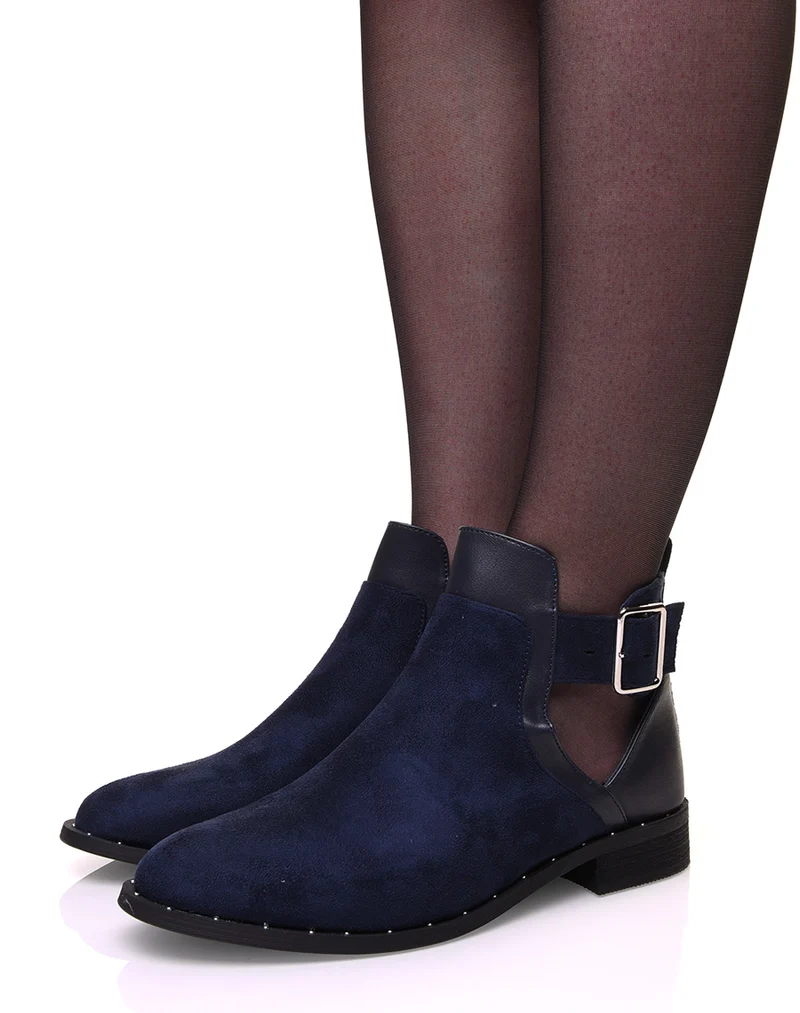 Bottines bleues bi-matières ajourées cloutés