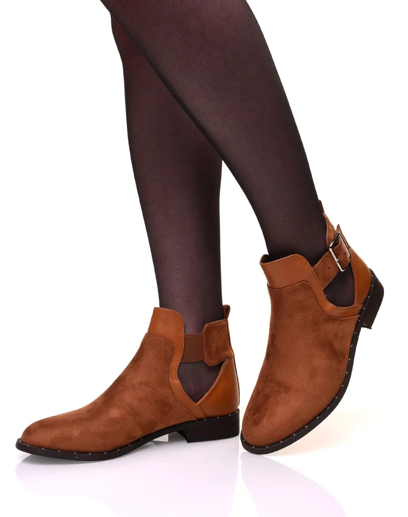 Bottines camels bi-matières ajourées cloutés