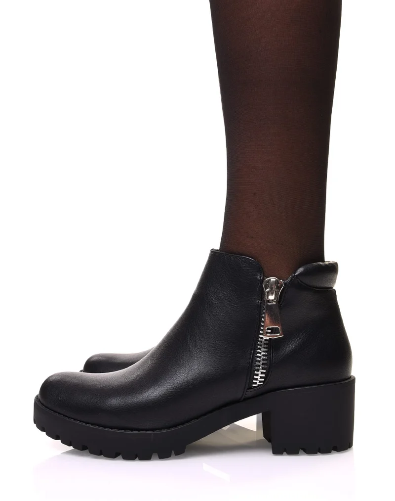 Bottines noires à fermeture éclair décorative et talon mi haut