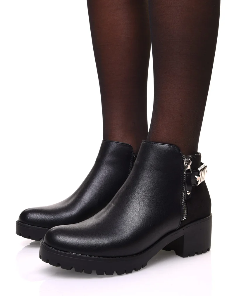 Bottines noires bi matières à talon mi haut