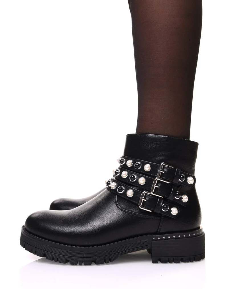 Bottines noires à sangles perlées blanches & noires