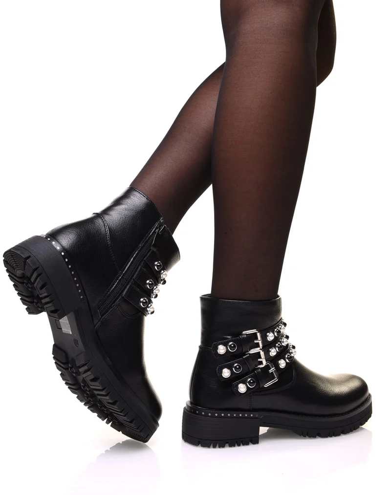 Bottines noires à sangles perlées blanches & noires