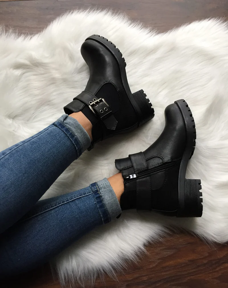 Bottines bi-matières noires à semelle crantée