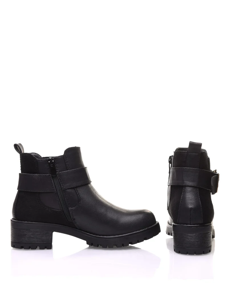 Bottines bi-matières noires à semelle crantée