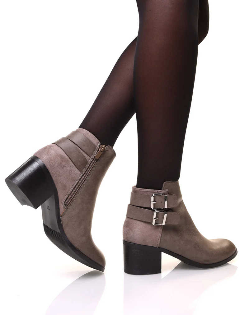 Bottines bi-matière taupe à talon