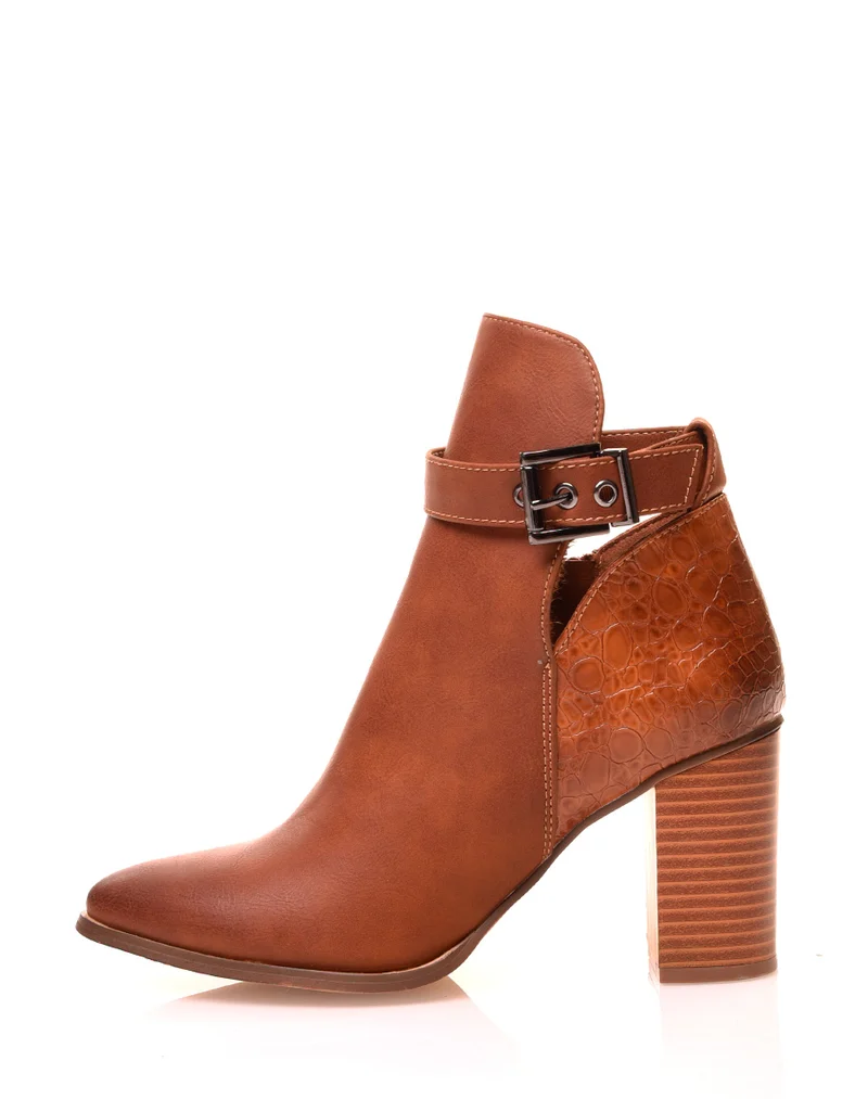 Bottines camel à talons et à bouts pointus bi-matières
