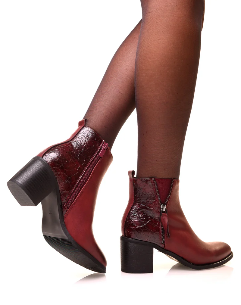 Bottines bordeaux à talons carrés bi-matières effet croco