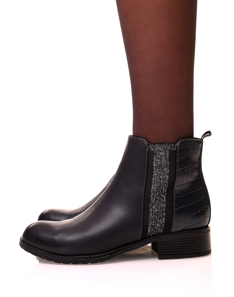 Bottines bleues bi-matières effet croco