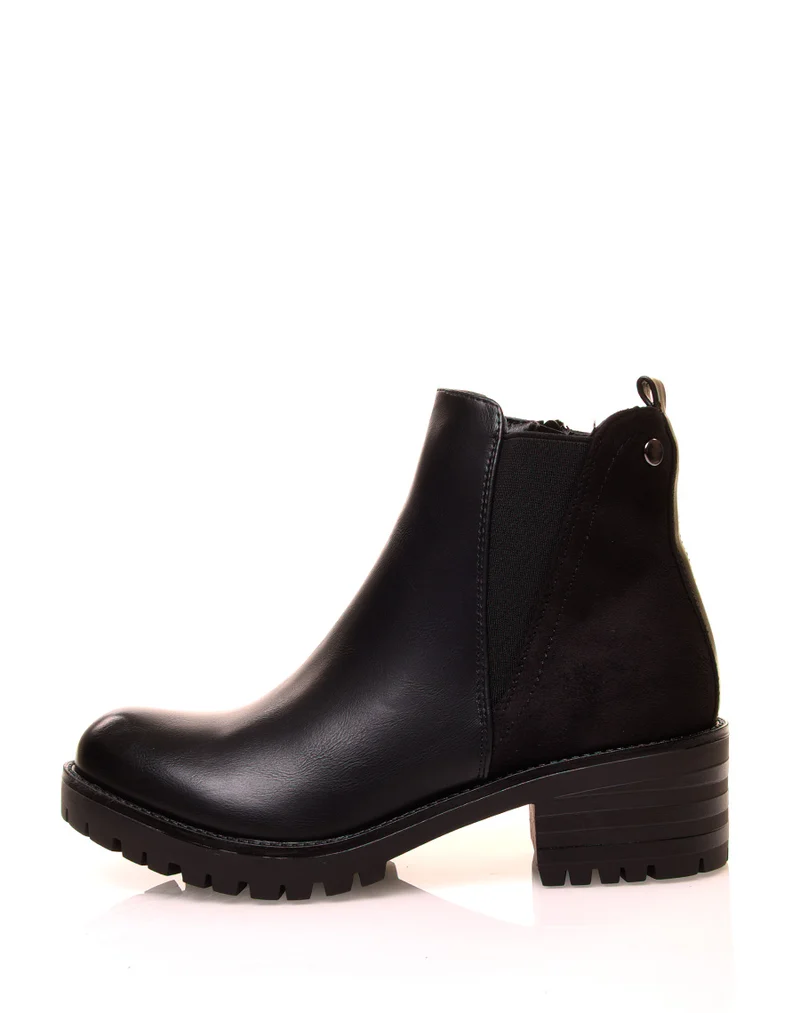 Bottines noires bi-matières effet suédine et élastique échancré