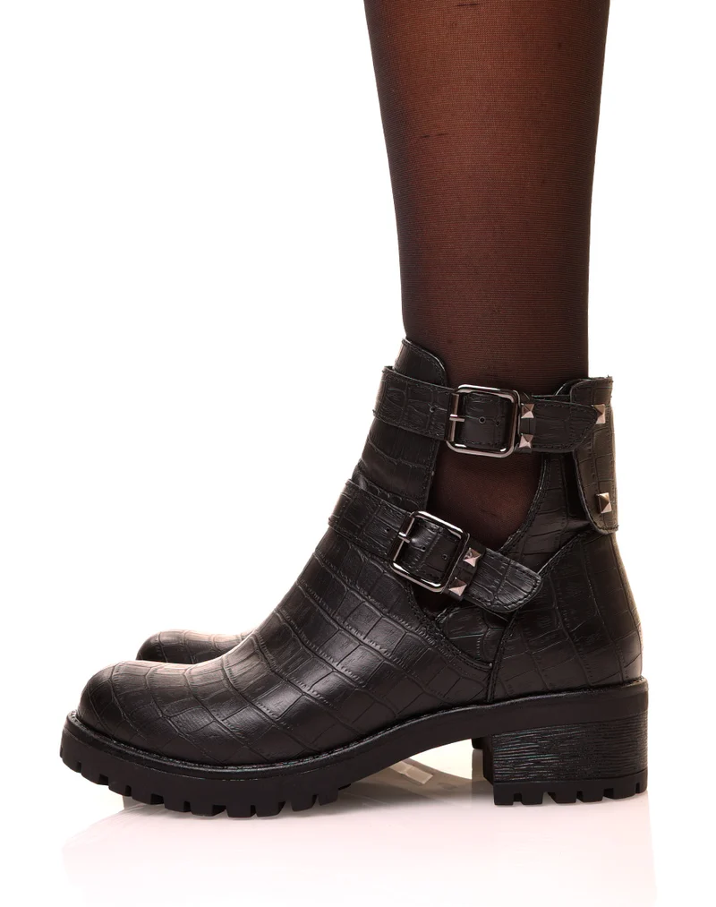 Bottines noir ajourées à sangles en croco