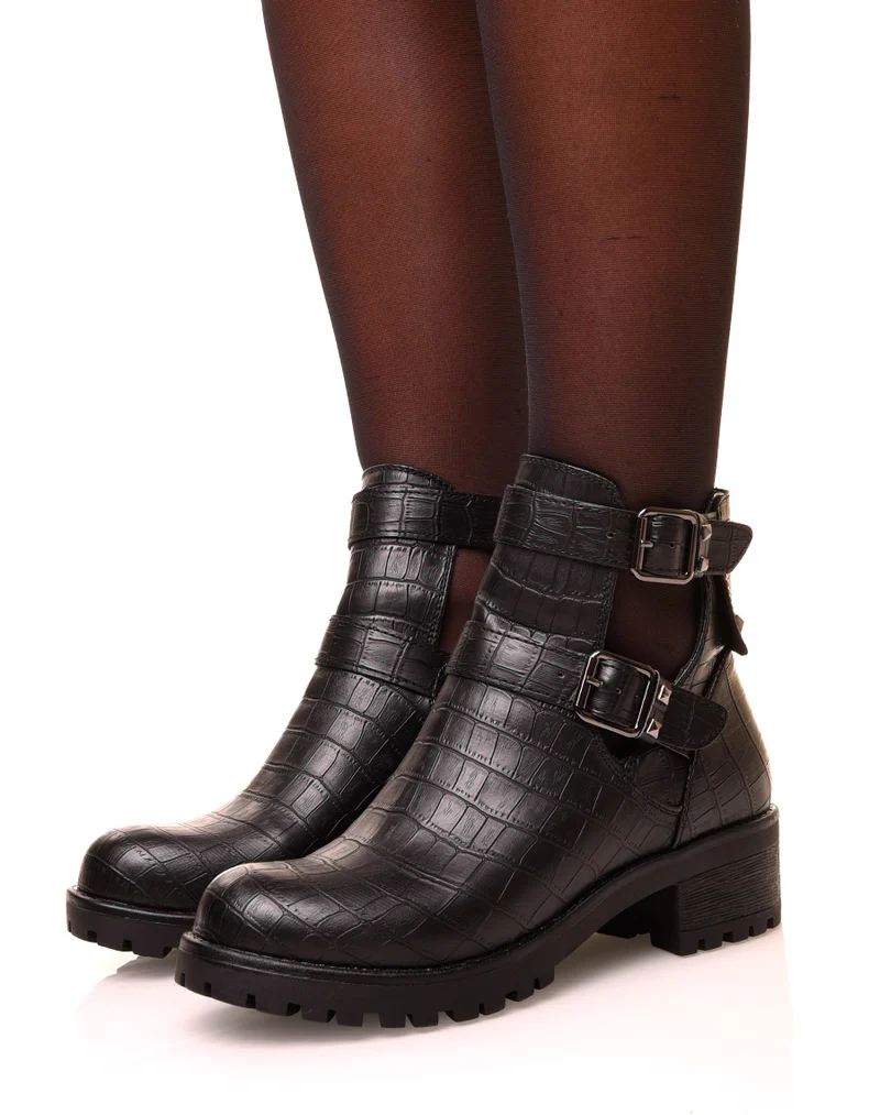 Bottines noir ajourées à sangles en croco