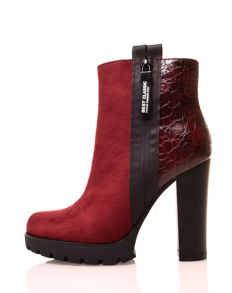 Bottines bordeaux à talons hauts bi matières